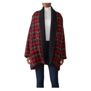 The Kooples Tweedy Checks Sweater Coat‎ Jacket Red Black White Plaid OS
